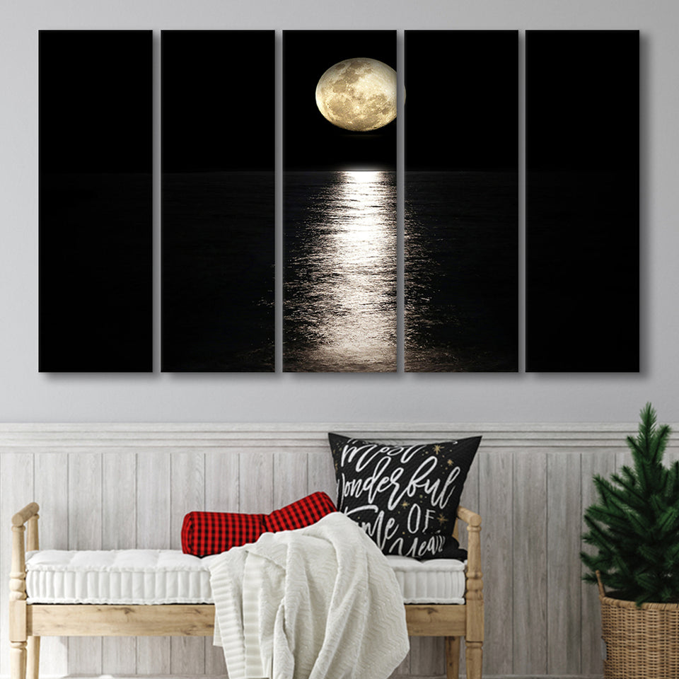 Moon Reflection on the Water Print 5 Piece B Canvas Prints Wall Art Decor, Multi Panels,Large Canvas, Home Decor