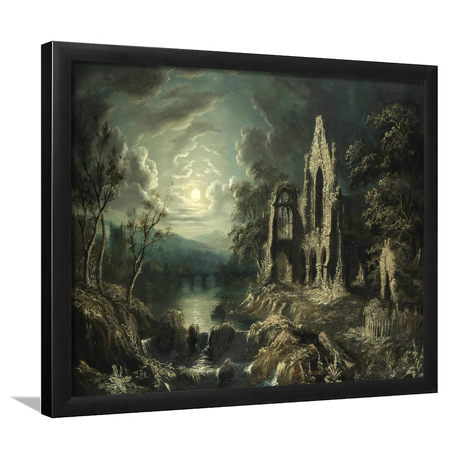 Moonlit River Landscape With A Ruined Priory Framed Art Prints Wall Art Decor - Painting Prints, Framed Picture