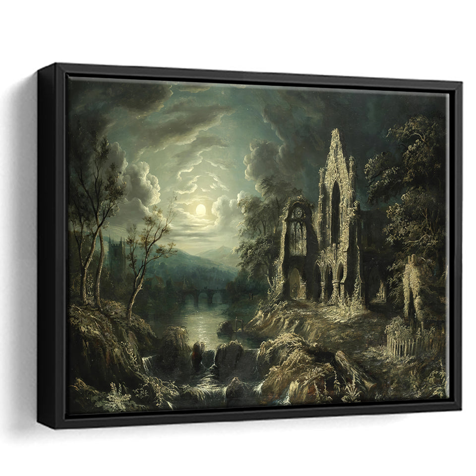 Moonlit River Landscape With A Ruined Priory Framed Canvas Prints Wall Art - Painting Canvas, Floating Frame, Wall Decor