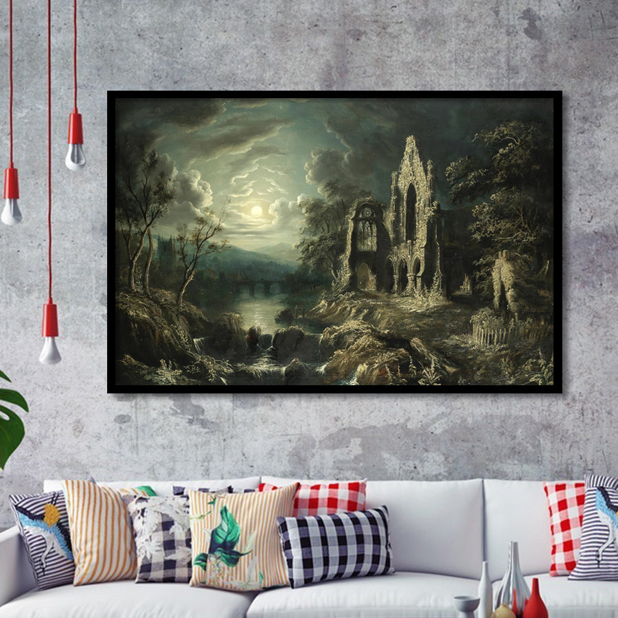 Moonlit River Landscape With A Ruined Priory Framed Art Prints Wall Art Decor - Painting Prints, Framed Picture