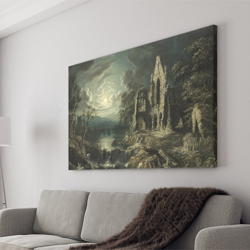 Moonlit River Landscape With A Ruined Priory Canvas Prints Wall Art - Painting Canvas, Art Prints, Wall Decor