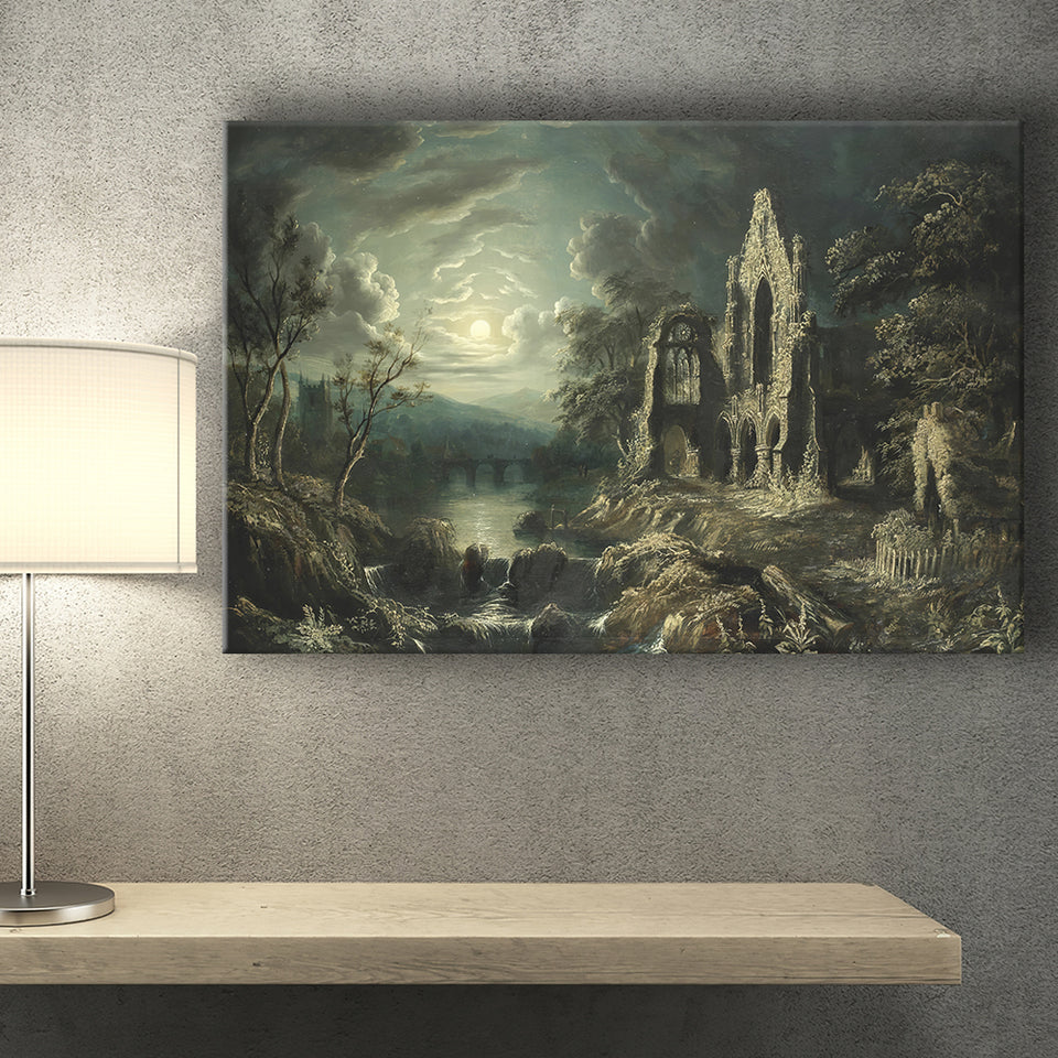 Moonlit River Landscape With A Ruined Priory Canvas Prints Wall Art - Painting Canvas, Art Prints, Wall Decor
