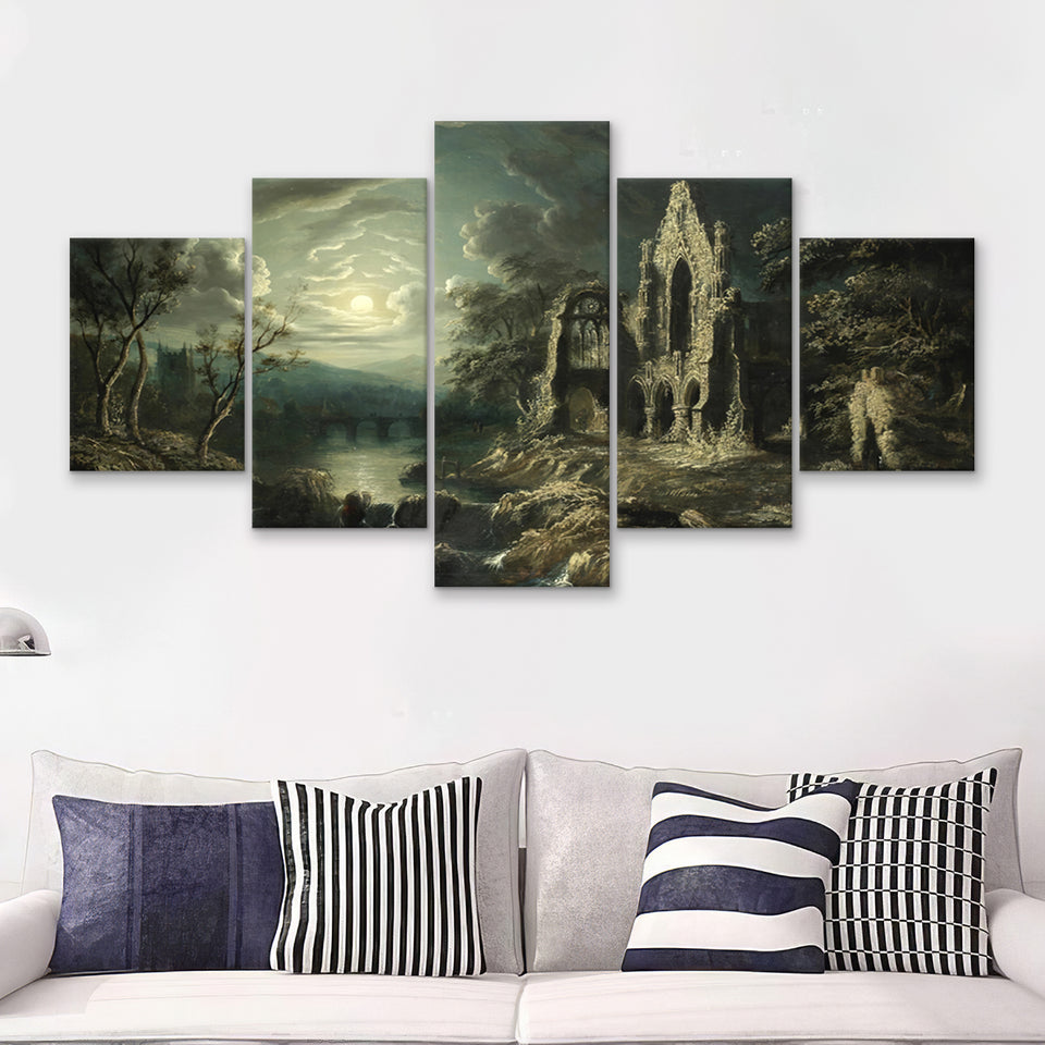 Moonlit River Landscape With A Ruined Priory 5 Pieces Canvas Prints Wall Art - Painting Canvas, Multi Panel