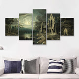 Moonlit River Landscape With A Ruined Priory 5 Pieces Canvas Prints Wall Art - Painting Canvas, Multi Panel
