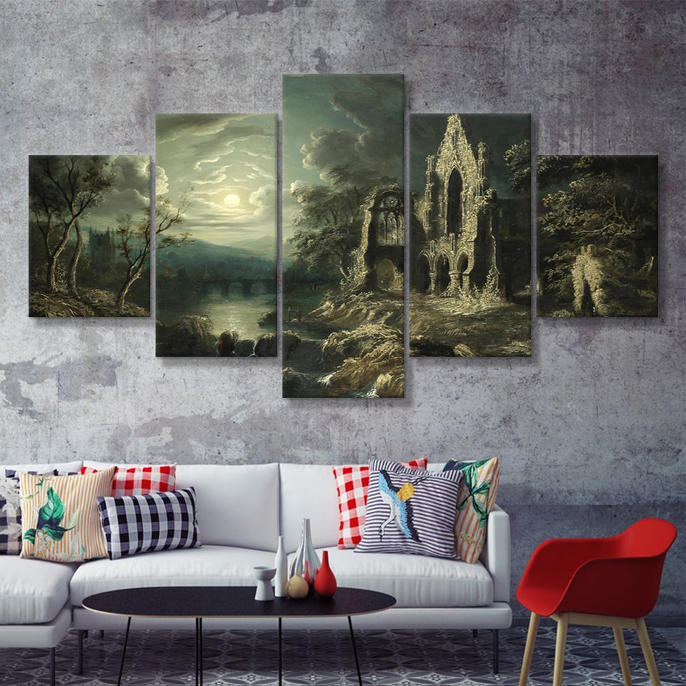 Moonlit River Landscape With A Ruined Priory 5 Pieces Canvas Prints Wall Art - Painting Canvas, Multi Panel