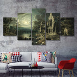 Moonlit River Landscape With A Ruined Priory 5 Pieces Canvas Prints Wall Art - Painting Canvas, Multi Panel