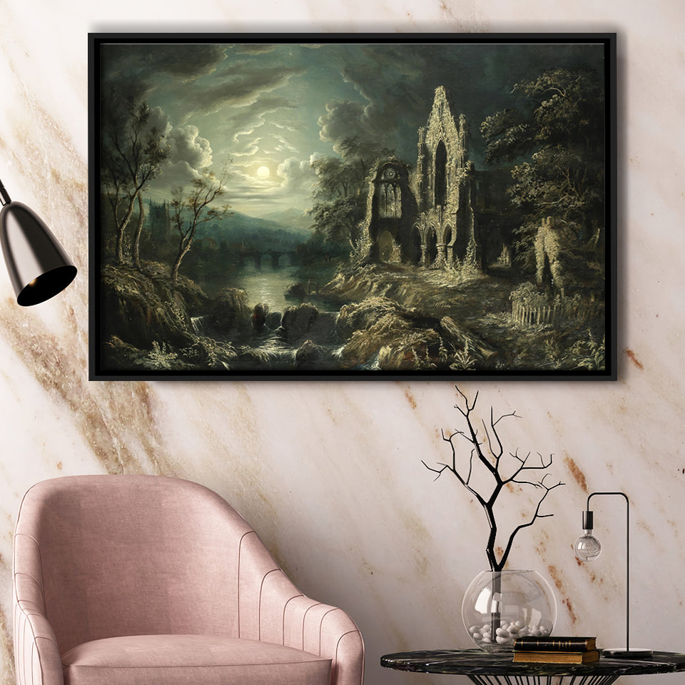 Moonlit River Landscape With A Ruined Priory Framed Canvas Prints Wall Art - Painting Canvas, Floating Frame, Wall Decor