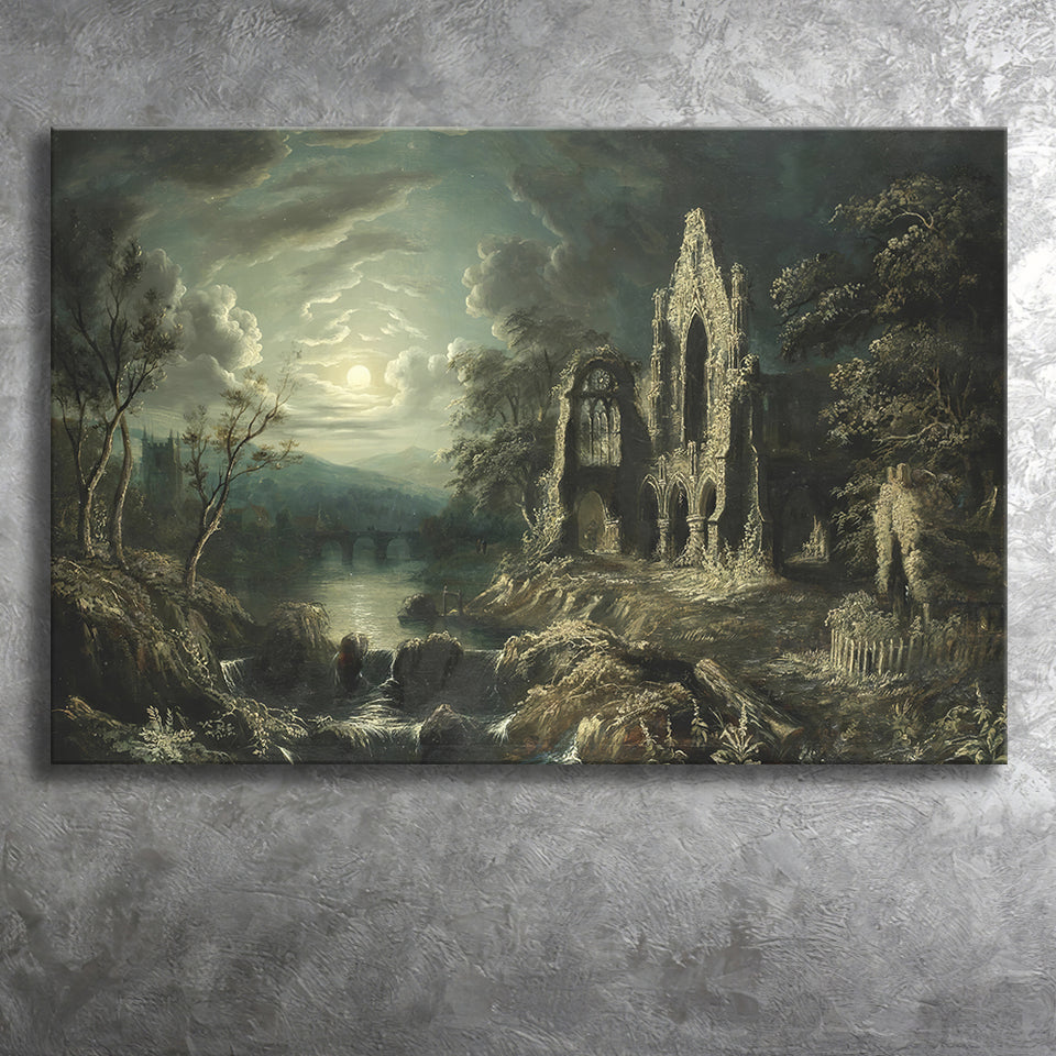 Moonlit River Landscape With A Ruined Priory Canvas Prints Wall Art - Painting Canvas, Art Prints, Wall Decor