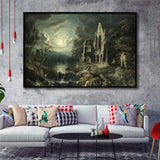 Moonlit River Landscape With A Ruined Priory Framed Canvas Prints Wall Art - Painting Canvas, Floating Frame, Wall Decor