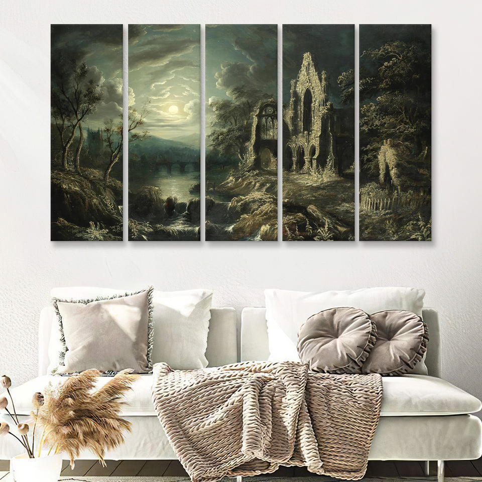 Moonlit River Landscape With A Ruined Priory 5 Pieces B Canvas Prints Wall Art - Painting Canvas, Multi Panel