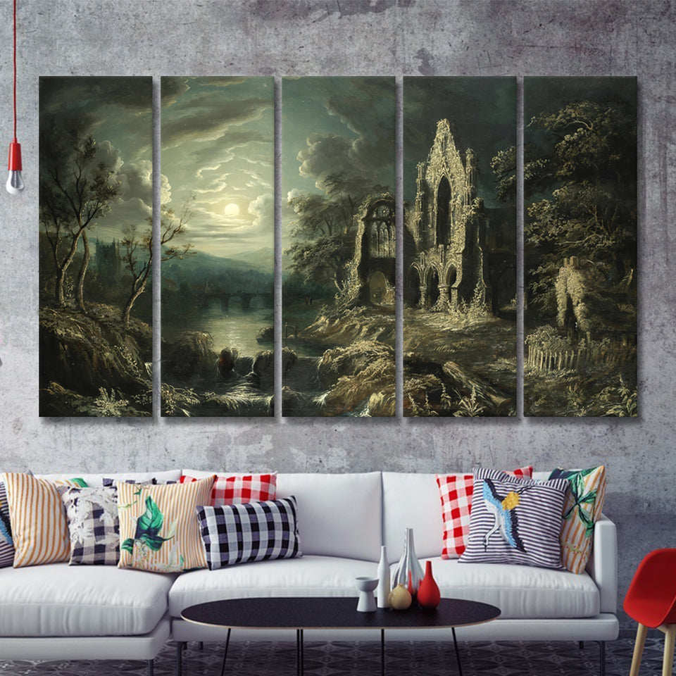 Moonlit River Landscape With A Ruined Priory 5 Pieces B Canvas Prints Wall Art - Painting Canvas, Multi Panel