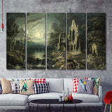 Moonlit River Landscape With A Ruined Priory 5 Pieces B Canvas Prints Wall Art - Painting Canvas, Multi Panel