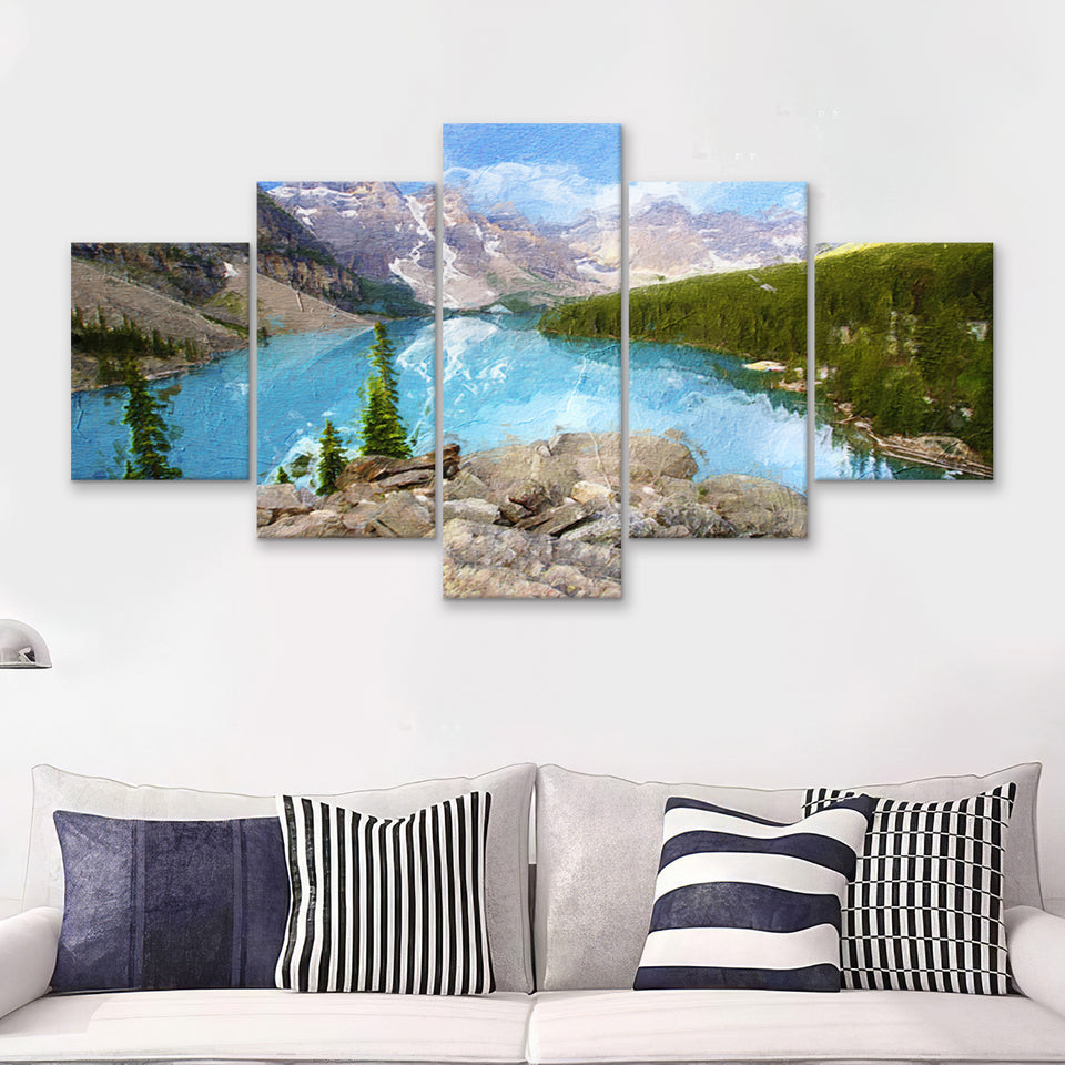 Moraine Lake 5 Piece Canvas Prints Wall Art Decor - Painting Canvas, Multi Panels