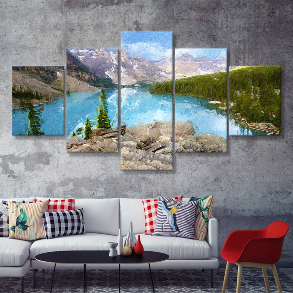 Moraine Lake 5 Piece Canvas Prints Wall Art Decor - Painting Canvas, Multi Panels