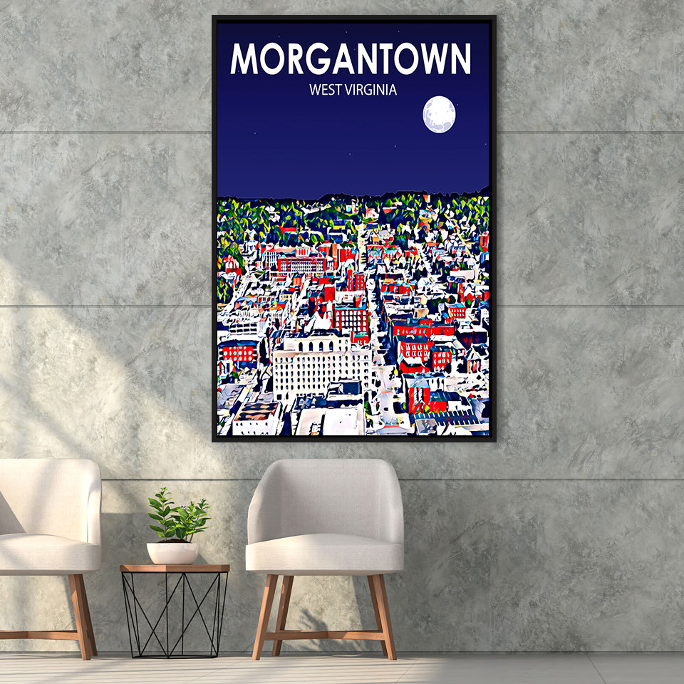 Morgantown WV Art V1, Large Canvas, Framed Canvas Print Wall Art Home Decor, Floating Frame