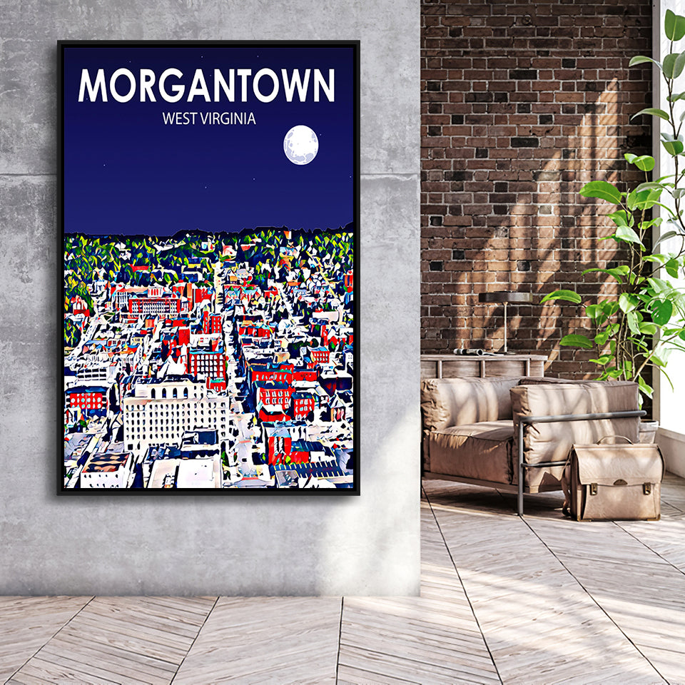 Morgantown WV Art V1, Large Canvas, Framed Canvas Print Wall Art Home Decor, Floating Frame