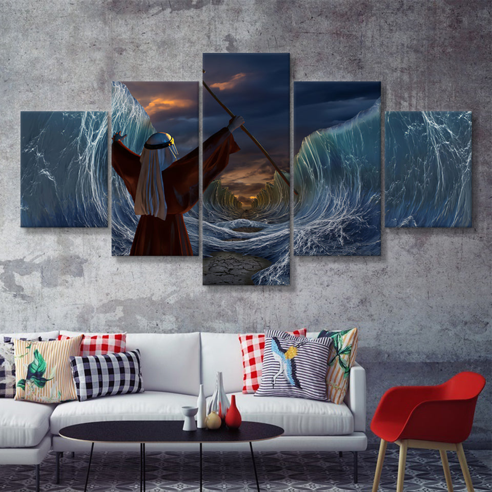 Moses Exodus Route Crossing the red sea 5 Pieces Canvas Prints Wall Art - Painting Canvas, Multi Panels, Wall Decor