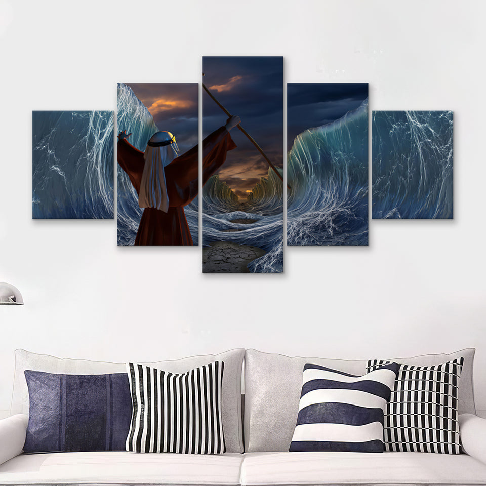 Moses Exodus Route Crossing the red sea 5 Pieces Canvas Prints Wall Art - Painting Canvas, Multi Panels, Wall Decor