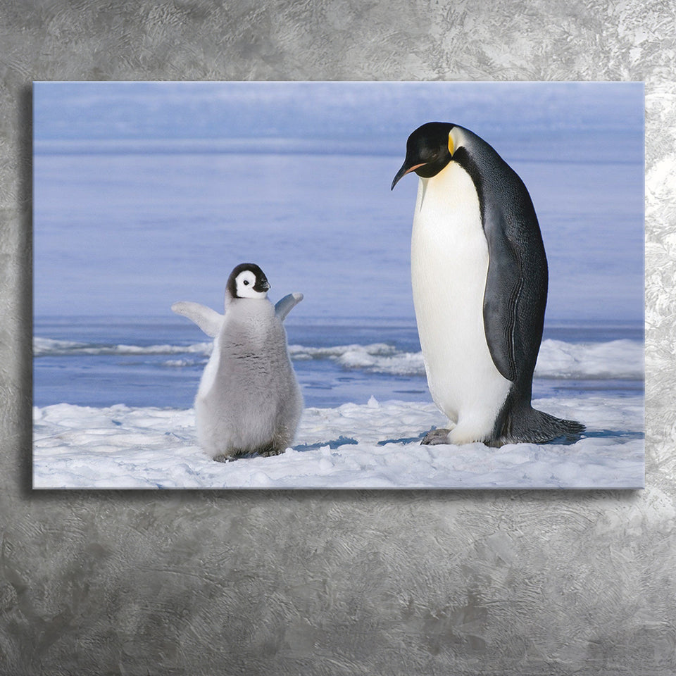 Mother And Baby Penguin Playing In The Snow Canvas Prints Wall Art - Painting Canvas, Home Wall Decor, Painting Prints, For Sale