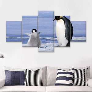 Mother And Baby Penguin Playing In The Snow  5 Pieces Canvas Prints Wall Art - Painting Canvas, Multi Panels, 5 Panel, Wall Decor