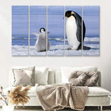 Mother And Baby Penguin Playing In The Snow 5 Pieces B Canvas Prints Wall Art - Painting Canvas, Multi Panels,5 Panel, Wall Decor