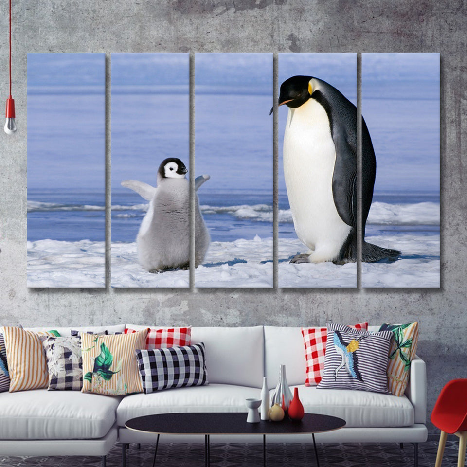 Mother And Baby Penguin Playing In The Snow 5 Pieces B Canvas Prints Wall Art - Painting Canvas, Multi Panels,5 Panel, Wall Decor