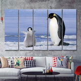 Mother And Baby Penguin Playing In The Snow 5 Pieces B Canvas Prints Wall Art - Painting Canvas, Multi Panels,5 Panel, Wall Decor