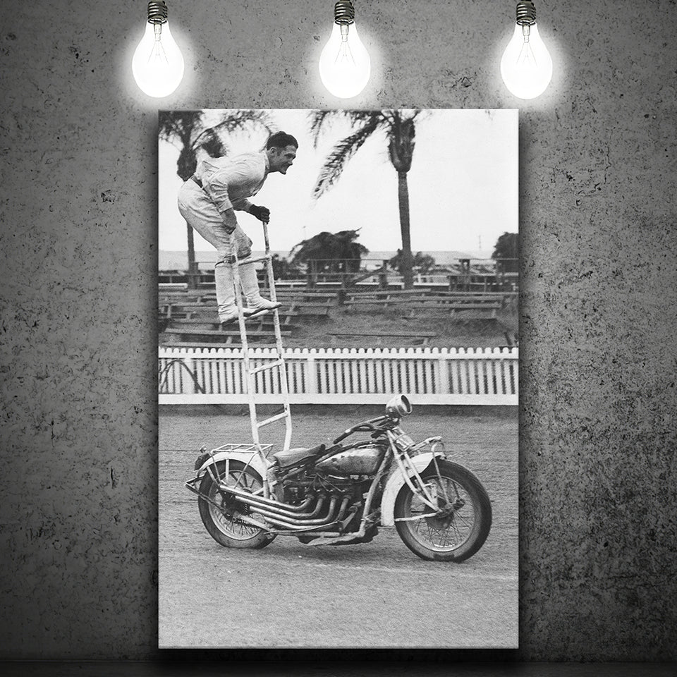 Motorcycle Stunt Black And White Print, Vintage Motorcycle Canvas Prints Wall Art Home Decor