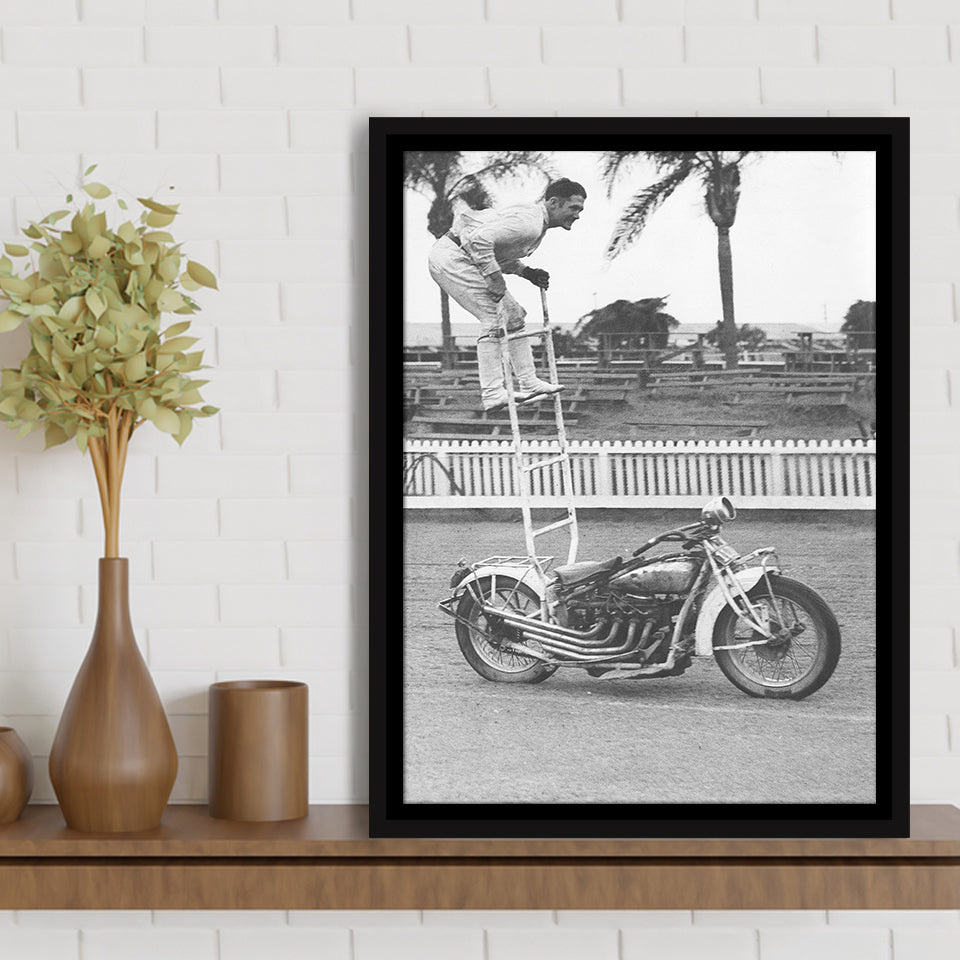 Motorcycle Stunt Black And White Print, Vintage Motorcycle Framed Canvas Prints Wall Art Home Decor, Floating Frame