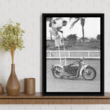 Motorcycle Stunt Black And White Print, Vintage Motorcycle Framed Canvas Prints Wall Art Home Decor, Floating Frame