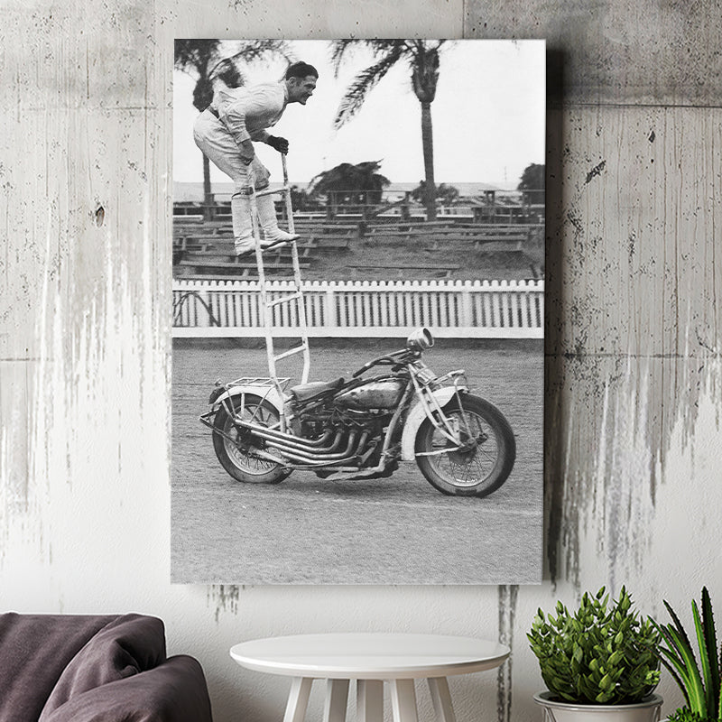 Motorcycle Stunt Black And White Print, Vintage Motorcycle Canvas Prints Wall Art Home Decor