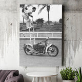 Motorcycle Stunt Black And White Print, Vintage Motorcycle Canvas Prints Wall Art Home Decor