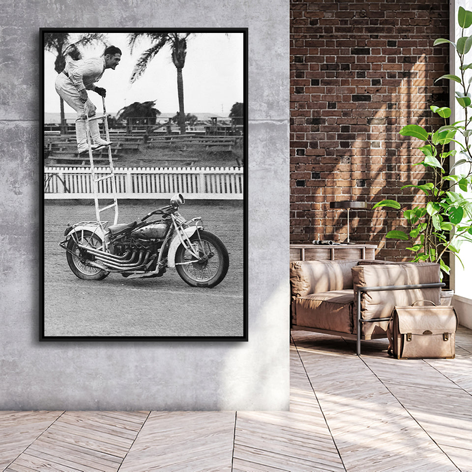 Canvas Prints Wall Art - Motorcycle/Motor Bike in Black and White Vint Abstract Motorcycle, Green Waves Painting Canvas Prints Wall Art