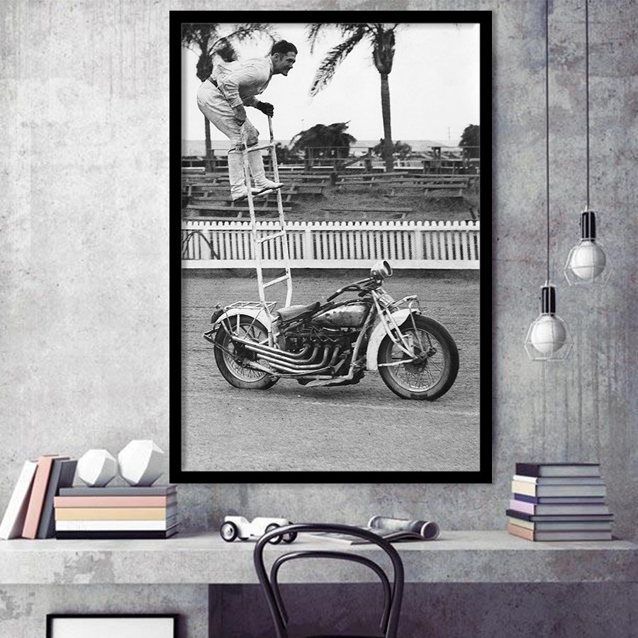 Motorcycle Stunt Black And White Print, Vintage Motorcycle Framed Art Print Wall Art Decor,Framed Picture