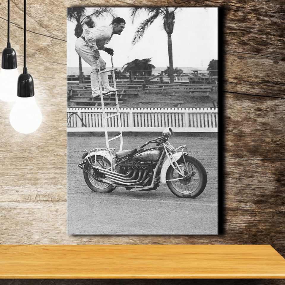 Motorcycle Stunt Black And White Print, Vintage Motorcycle Canvas Prints Wall Art Home Decor