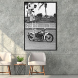 Motorcycle Stunt Black And White Print, Vintage Motorcycle Framed Canvas Prints Wall Art Home Decor, Floating Frame