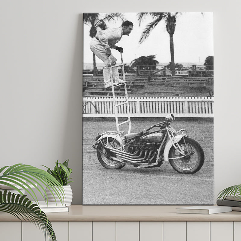 Motorcycle Stunt Black And White Print, Vintage Motorcycle Canvas Prints Wall Art Home Decor