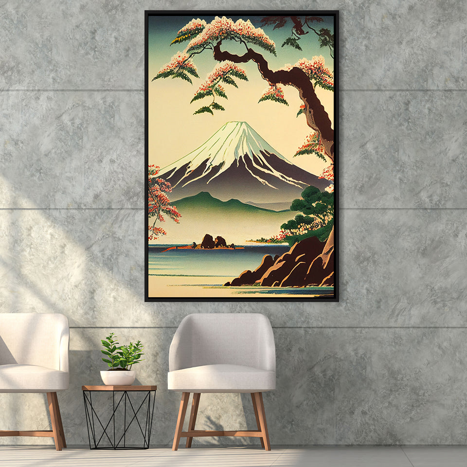 Mount Fuji Retro Art Print, Large Canvas, Framed Canvas Print Wall Art Home Decor, Floating Frame