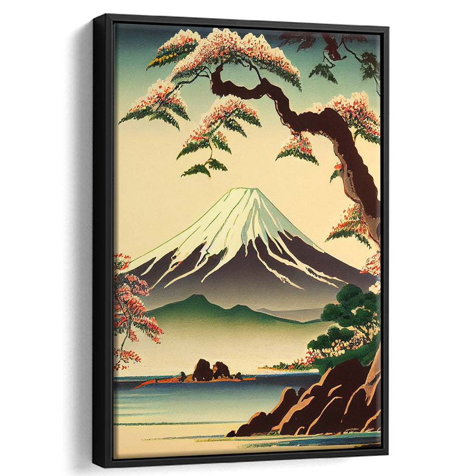 Mount Fuji Retro Art Print, Large Canvas, Framed Canvas Print Wall Art Home Decor, Floating Frame