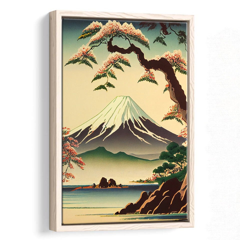 Mount Fuji Retro Art Print, Large Canvas, Framed Canvas Print Wall Art Home Decor, Floating Frame