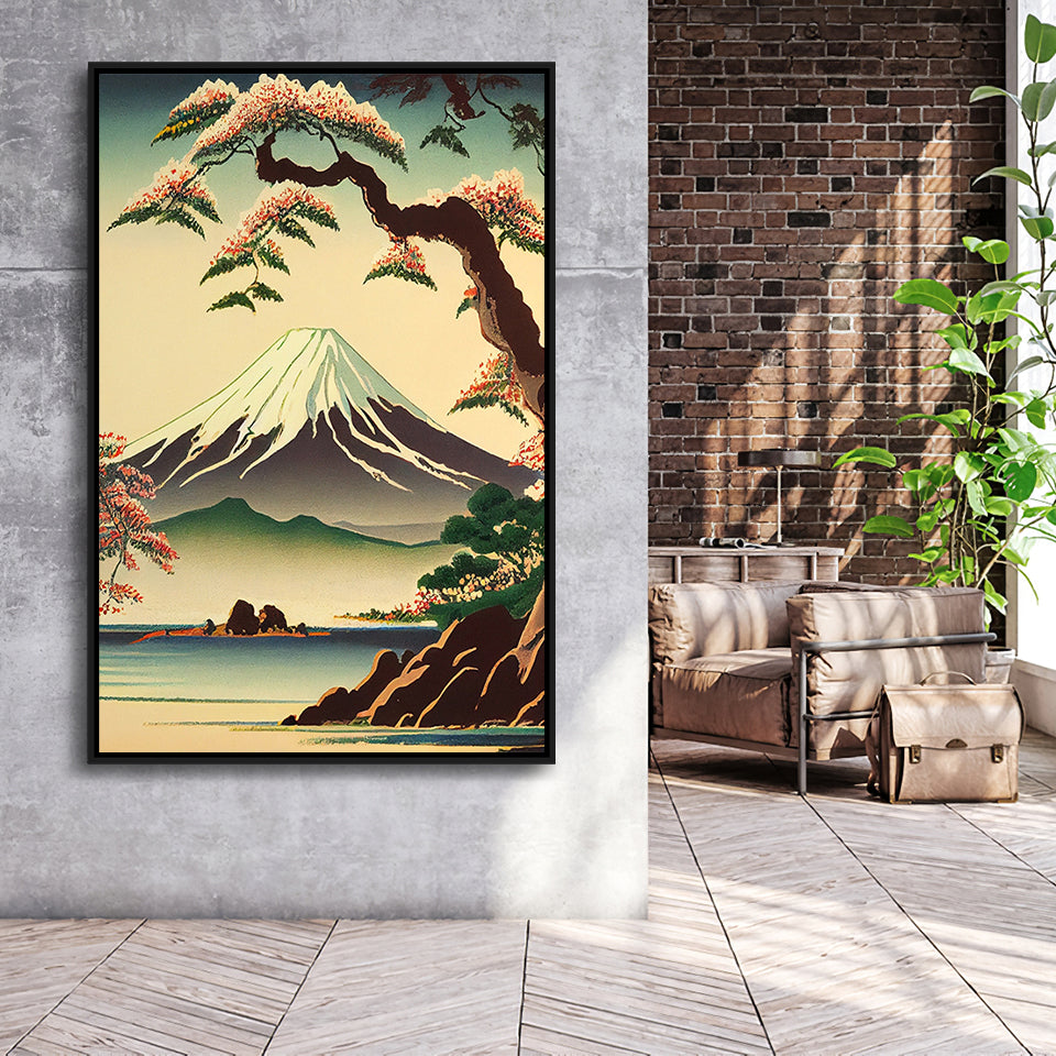 Mount Fuji Retro Art Print, Large Canvas, Framed Canvas Print Wall Art Home Decor, Floating Frame