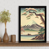 Mount Fuji Retro Art Print, Large Canvas, Framed Canvas Print Wall Art Home Decor, Floating Frame