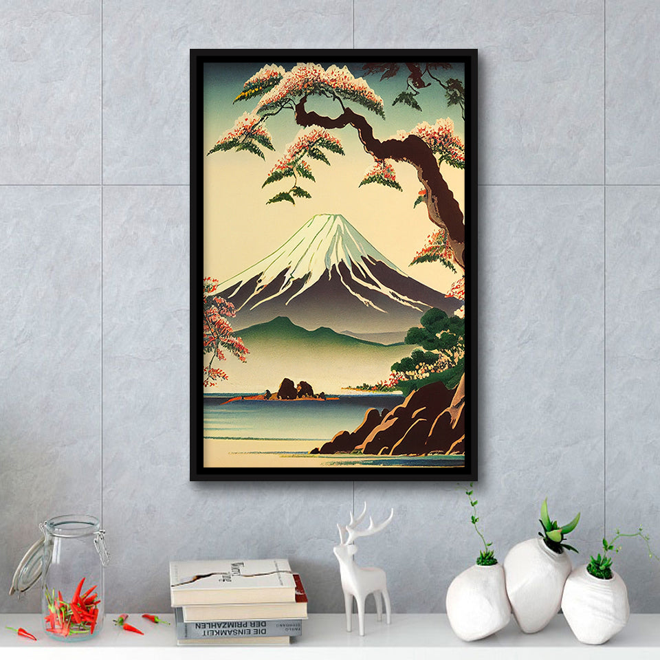 Mount Fuji Retro Art Print, Large Canvas, Framed Canvas Print Wall Art Home Decor, Floating Frame