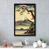 Mount Fuji Retro Art Print, Large Canvas, Framed Canvas Print Wall Art Home Decor, Floating Frame