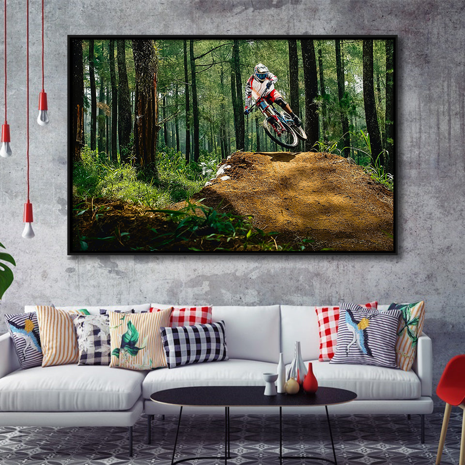 Mountain Bike, Dirt Bike Wall Decor Framed Canvas Prints Wall Art Decor, Black Floating Frame
