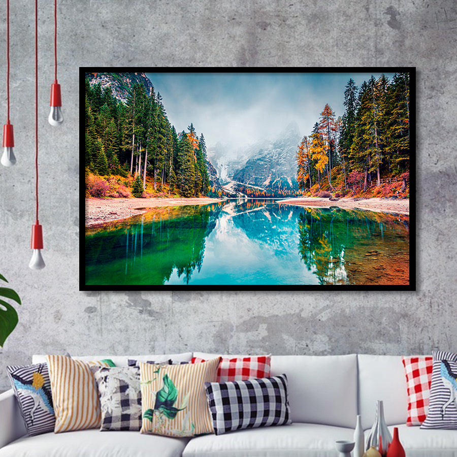 Mountain Lake Fog Mountain Framed Art Prints Wall Decor - Painting Art,Framed Picture,For Sale, Ready to hang