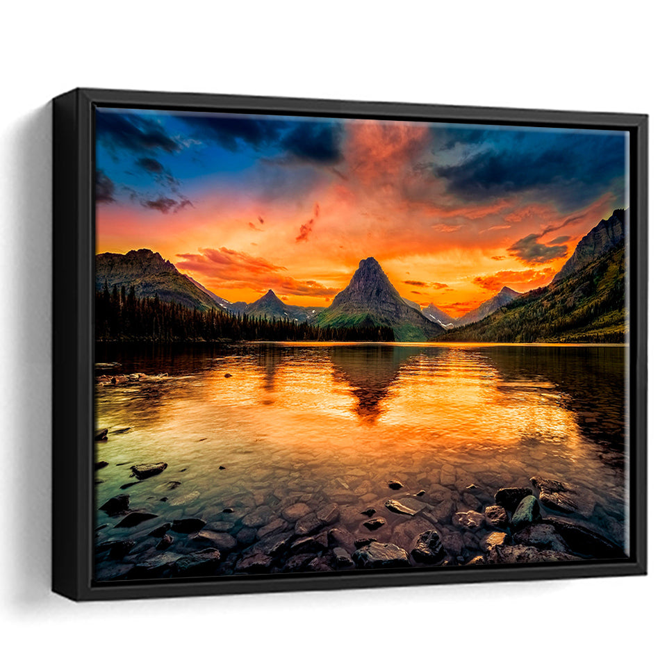 Mountain Landscape Sunset Framed Canvas Prints Wall Art Decor, Framed Picture, Floating Frame