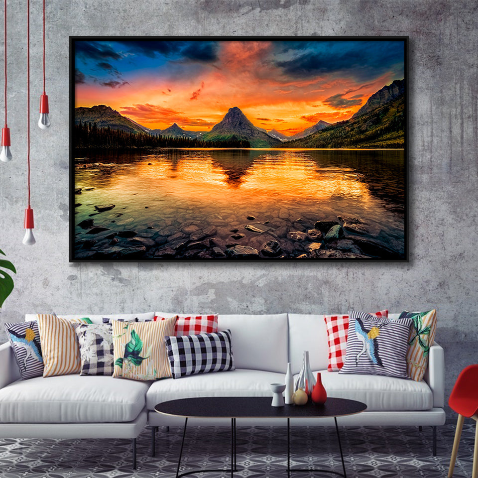 Mountain Landscape Sunset Framed Canvas Prints Wall Art Decor, Framed Picture, Floating Frame