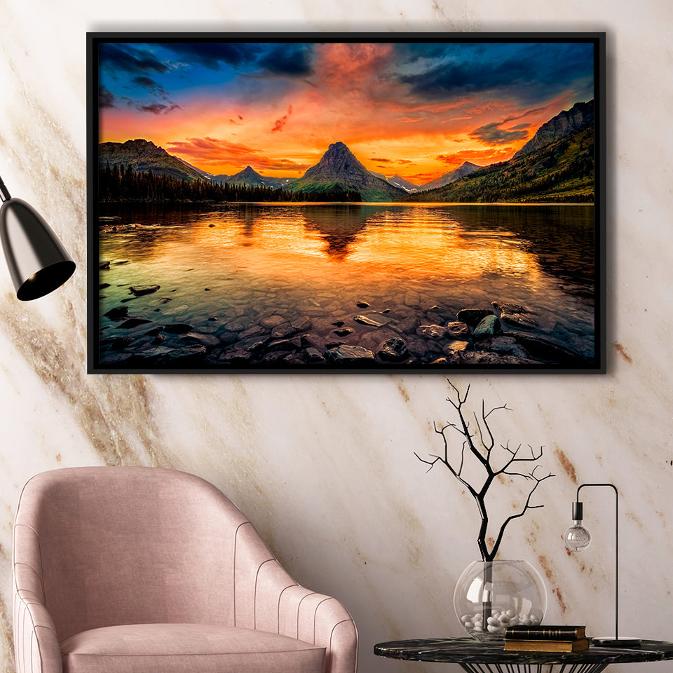 Mountain Landscape Sunset Framed Canvas Prints Wall Art Decor, Framed Picture, Floating Frame