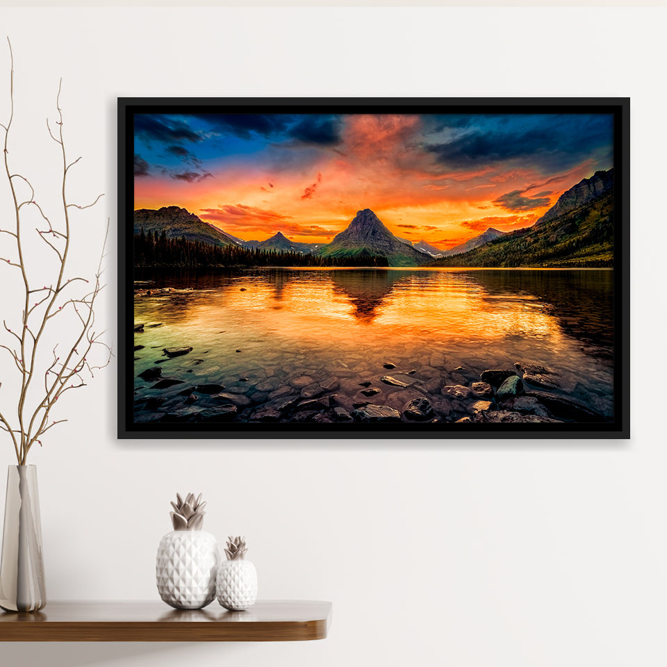 Mountain Landscape Sunset Framed Canvas Prints Wall Art Decor, Framed Picture, Floating Frame